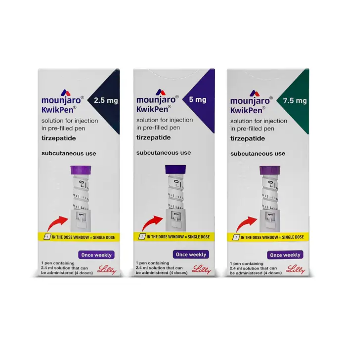 Three boxes of Mounjaro KwikPen injections showing 2.5mg, 5mg, and 7.5mg dosages, each containing a pre-filled pen. The image illustrates the range of Mounjaro (tirzepatide) doses available for weight loss treatment. Keywords: Mounjaro KwikPen, tirzepatide, weight loss injections, Mounjaro doses, obesity treatment, SAL Clinic Islamabad, F7 Markaz, medical weight management.