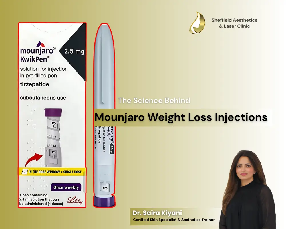Mounjaro KwikPen 2.5mg injection box and pen with Dr. Saira Kiyani. Learn about Mounjaro Weight Loss Injections for effective and safe weight management at SAL Clinic F7 Markaz, Islamabad, supervised by NHS Certified Dermatologist Dr. Saira Kiyani. Keywords: Mounjaro, weight loss injections, tirzepatide, Dr. Saira Kiyani, SAL Clinic Islamabad, F7 Markaz, obesity treatment, aesthetic physician, healthy weight.